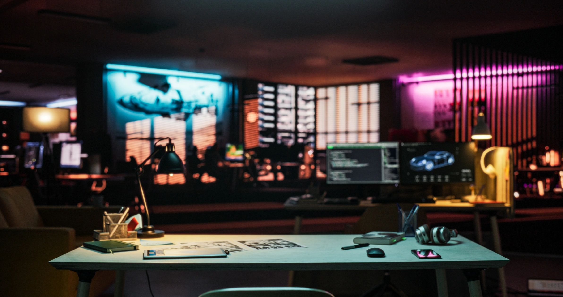 Gaming desk setup with neon lighting